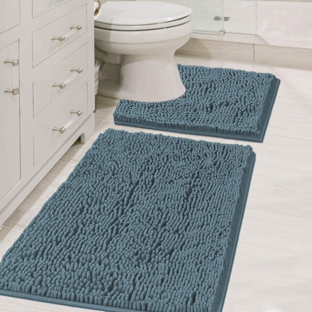 H.VERSAILTEX Bathroom Rugs Luxury Chenille Mat Set, Soft Plush Shower Rug + Toilet Mat, Microfiber Shaggy Carpet, Super Absorbent, Machine Washable (Curved Set, 32" x 20"/20" x 20", Loden)