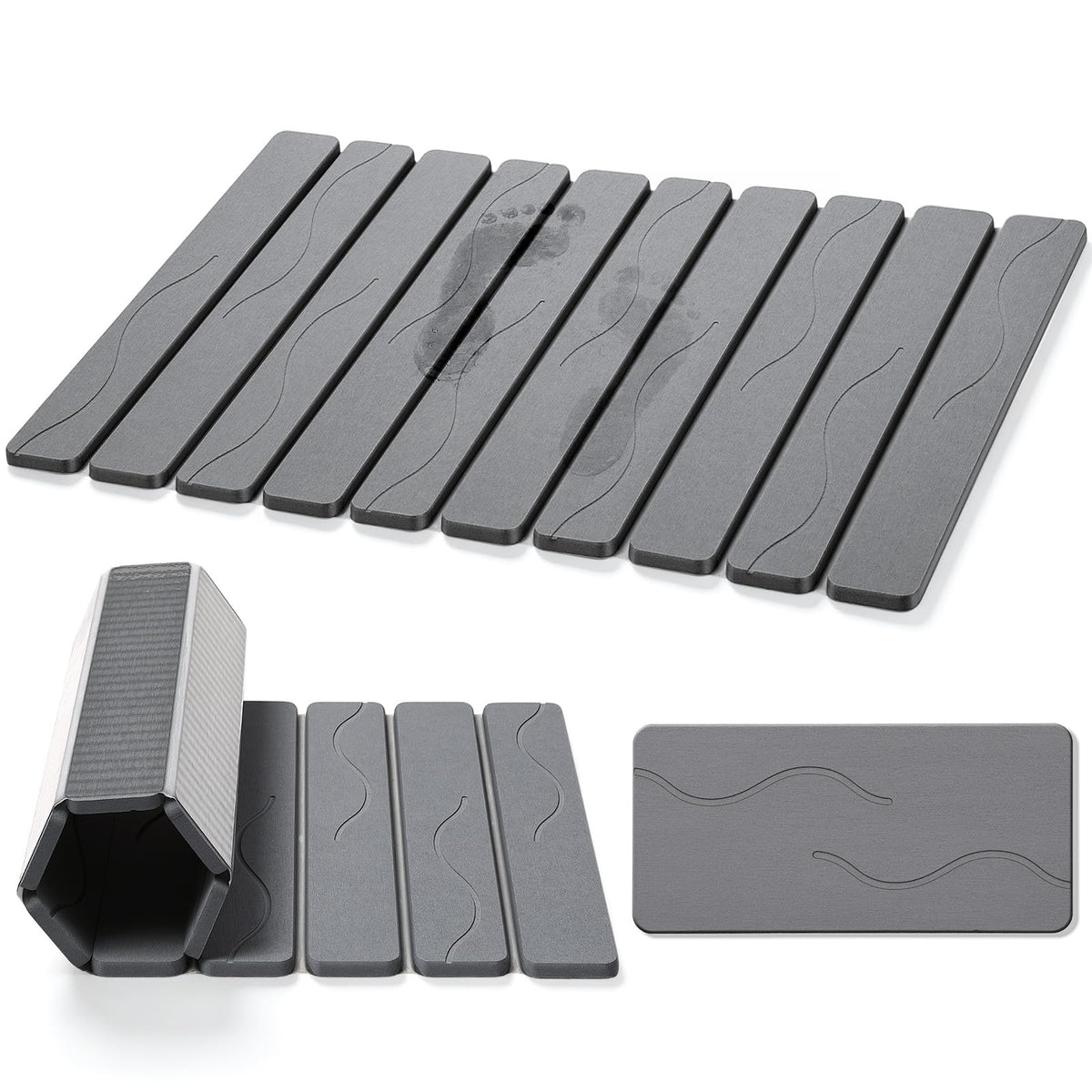 Foldable Stone Bath Mat, Non Slip Large Diatomaceous Shower Mat, Super Absorbent Quick Drying Stone Mat for Bathroom Kitchen Floor Counter Sink ,Easy to Clean & Store (Dark Gray 24"×16")