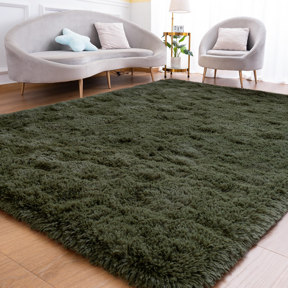 Goideal Fluffy Runner Rug for Bedroom Living Room, 2x6 Olive Green Bedside Rugs, Faux Fur Shag Modern Carpet Ultra Soft Girls Boys Room Home Decor, Solid