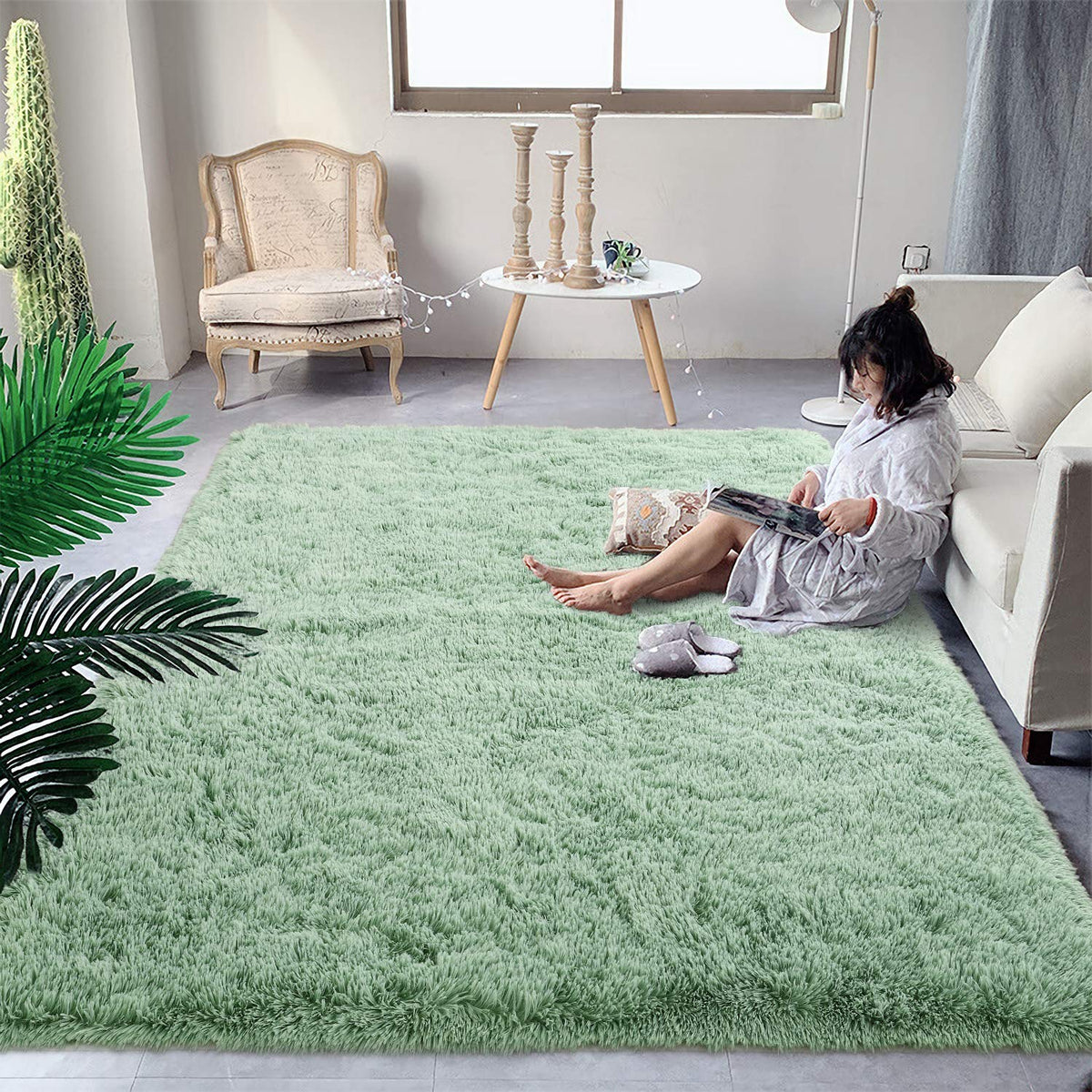 DweIke Fluffy Sage Green Runner Rugs for Bedroom, 2x6 Feet Soft Plush Long Runners for Girls Boys Kids, Non-Slip and Machine Washable Bedside Rug, Small Throw Carpet for Hallway Rooms Decor