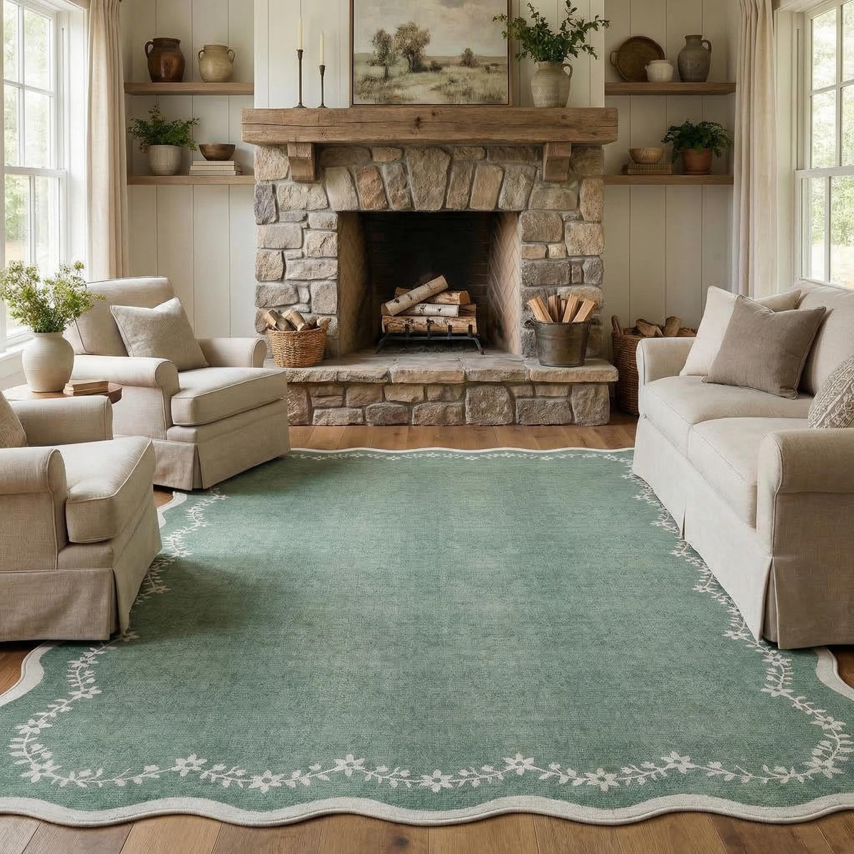 GarveeHome 3x5 Scalloped Washable Area Rug Non Slip Bedroom Entryway Rug