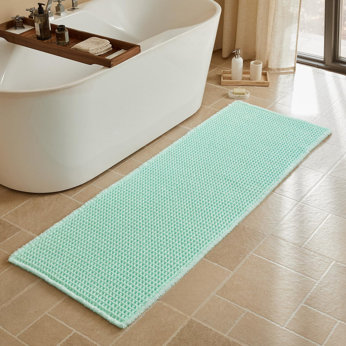 Triohero Waffle Bath Mat, Small Boho Bathroom Rugs Non Slip, 16x24 Khaki