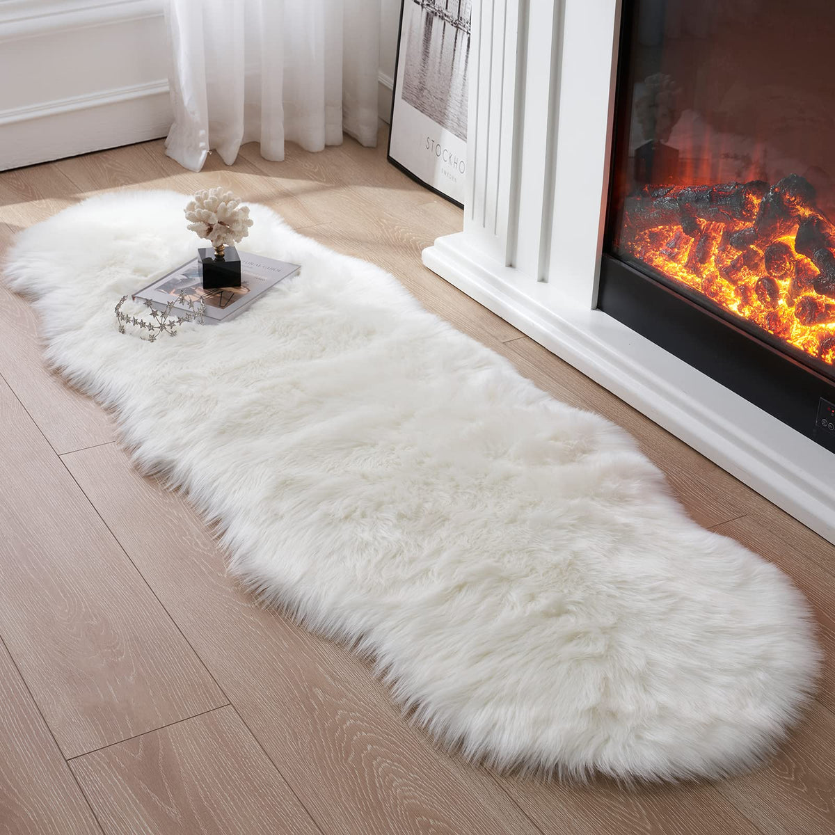 Tangsoo 2x6 Beige Faux Fur Rug,Soft Sheepskin Fluffy Runner Rug for Bedroom