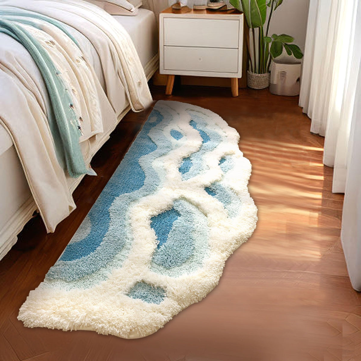 Soft Shag 3D Stereo Wave Moss Bedside Rug 20"×36" Cute Navy Blue Runner Rug Non Slip Washable Bathroom Rugs Bath Mats for Bedroom Bathroom Hallway Home Decor Indoor Doormat Shower Mat