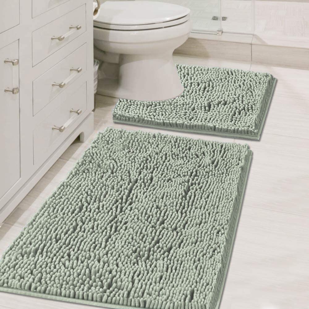 H.VERSAILTEX Bathroom Rugs Luxury Chenille Mat Set, Soft Plush Shower Rug + Toilet Mat, Microfiber Shaggy Carpet, Super Absorbent, Machine Washable (Curved Set, 32" x 20"/20" x 20", Loden)