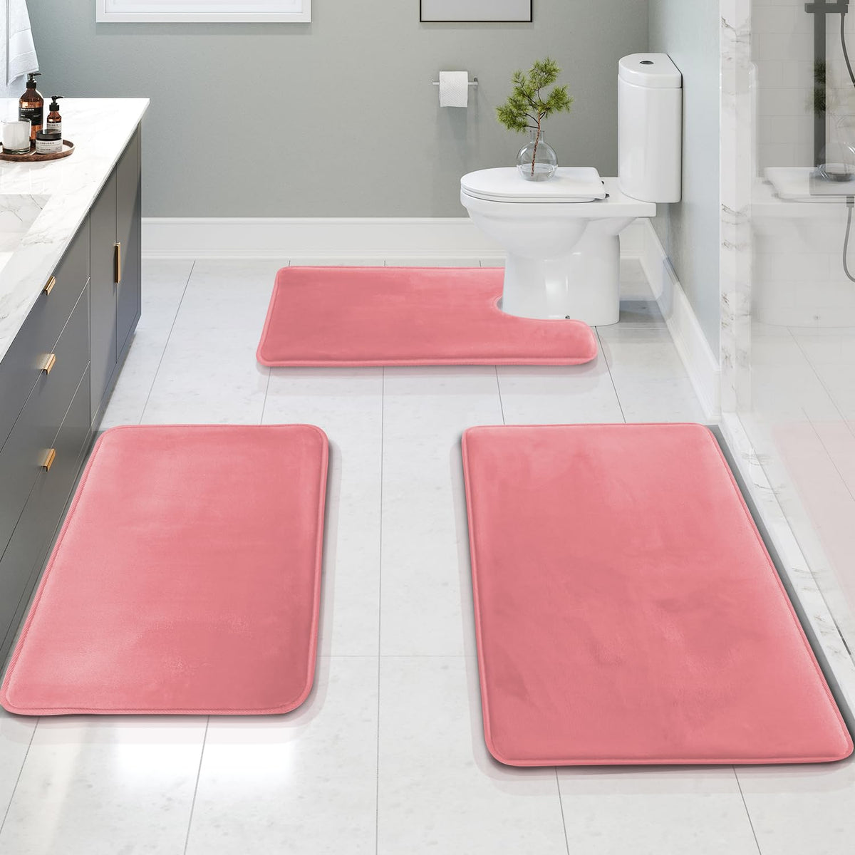 Clara Clark 3 Piece Bathroom Rugs Bath Mat Set, Velvet Memory Foam Bath Mats for Bathroom - Non-Slip, PVC Backing Bath Rugs, Washable - Dries Quickly, Grey