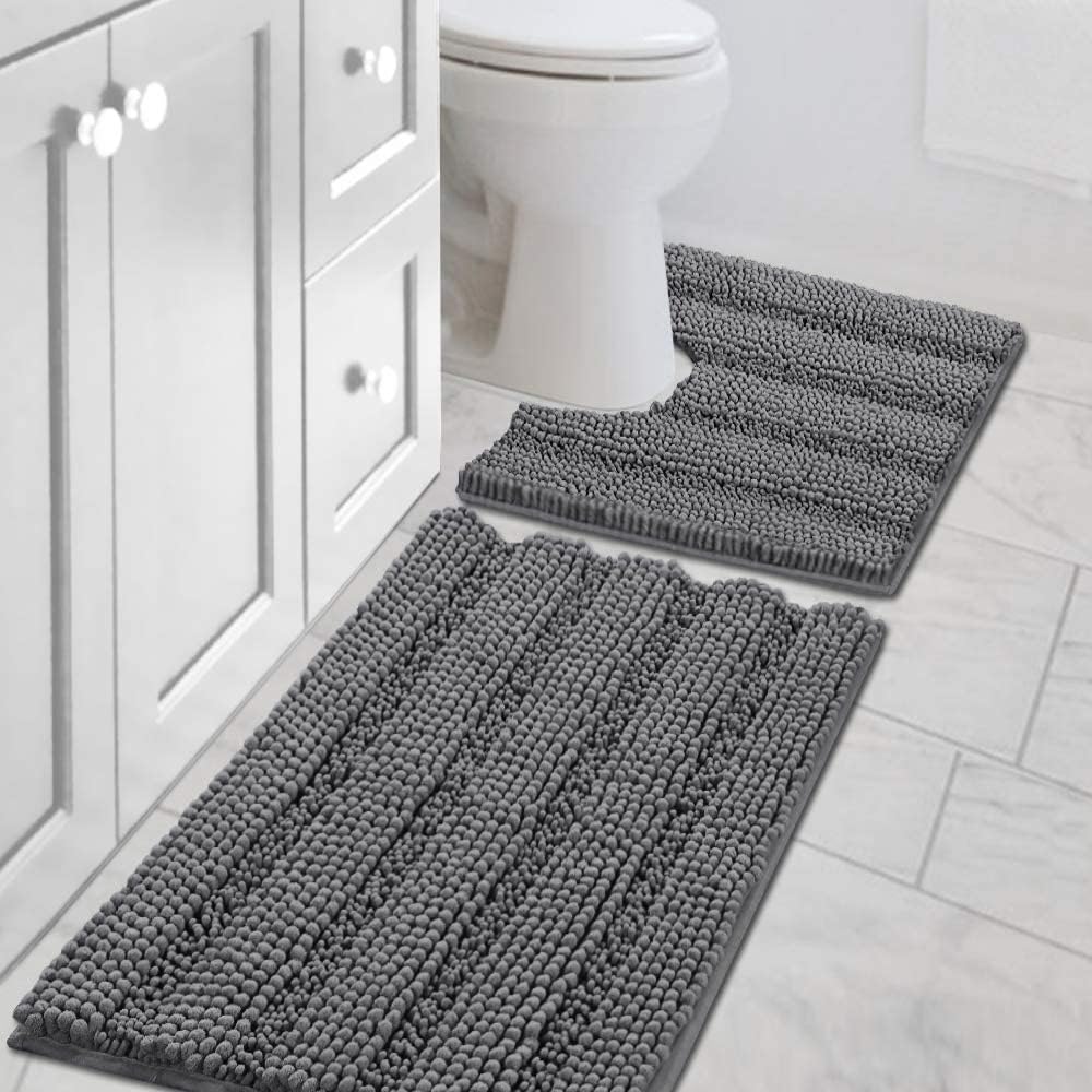 H.VERSAILTEX Bathroom Rugs Bath Rug Set 2 Piece Bathroom Contour Rug Toilet Mat Sets Non Slip Contour Bath Rug Ultra Thick Water Absorbent Striped Bath Mats Washable(47" x 17" Plus 20" x 20" U, Cream)