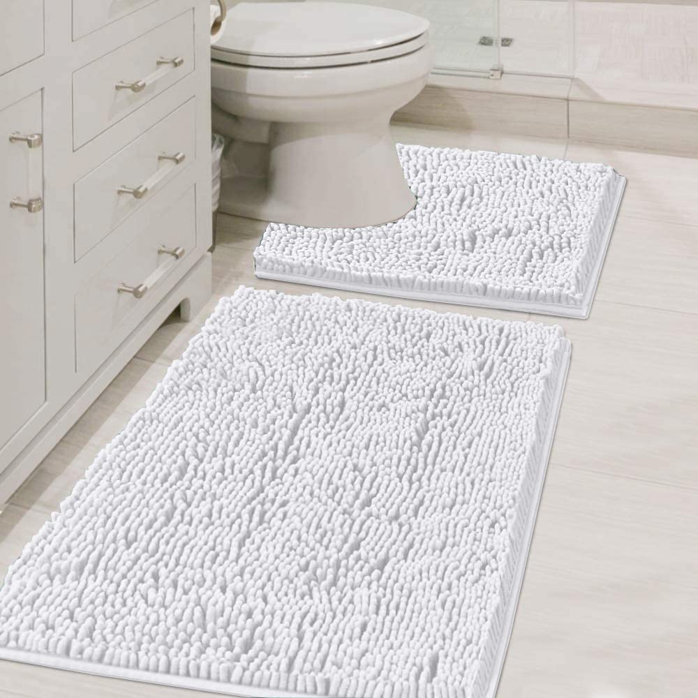 H.VERSAILTEX Bathroom Rugs Luxury Chenille Mat Set, Soft Plush Shower Rug + Toilet Mat, Microfiber Shaggy Carpet, Super Absorbent, Machine Washable (Curved Set, 32" x 20"/20" x 20", Loden)
