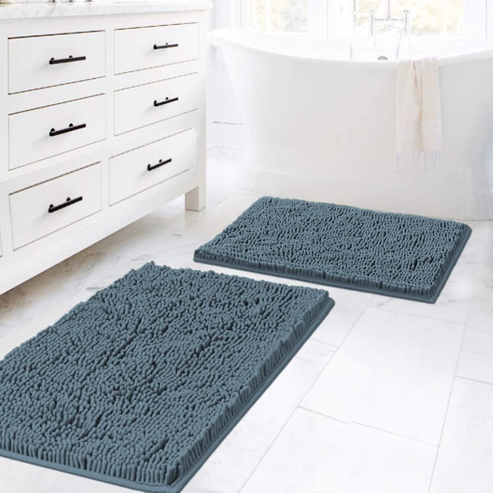 H.VERSAILTEX Bathroom Rugs Luxury Chenille Mat Set, Soft Plush Shower Rug + Toilet Mat, Microfiber Shaggy Carpet, Super Absorbent, Machine Washable (Curved Set, 32" x 20"/20" x 20", Loden)