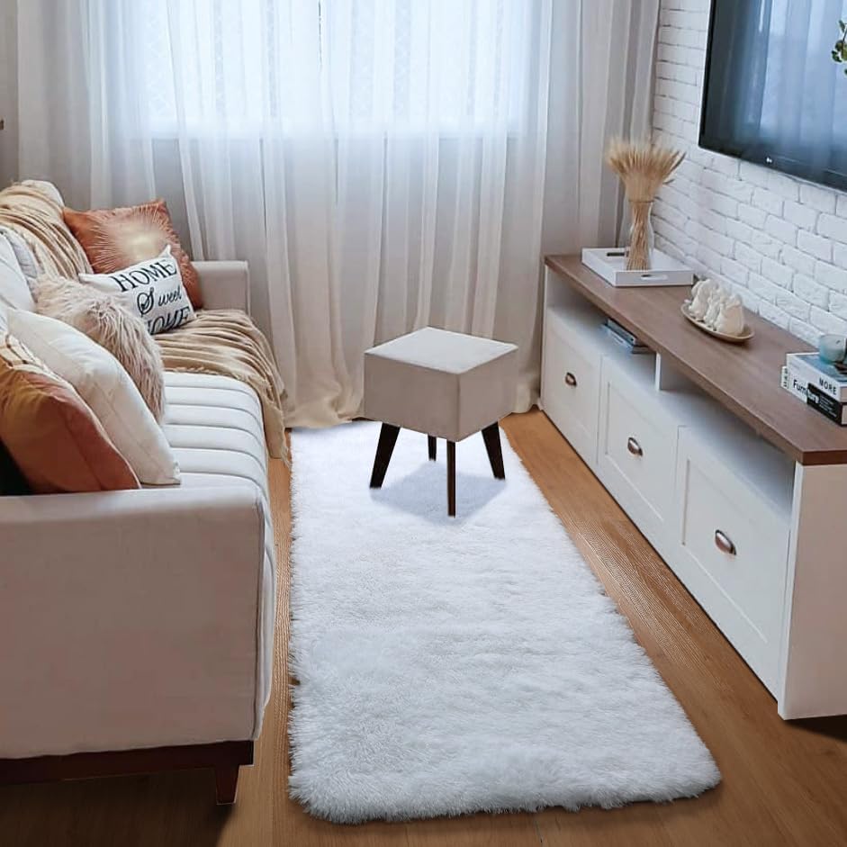 White Runner Rugs for Bedroom Living Room, Fluffy 2x6 Bedside Soft Area Rug