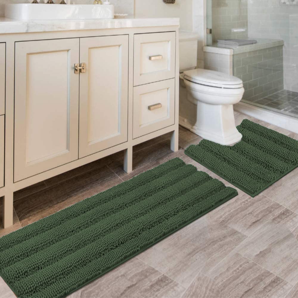 H.VERSAILTEX Bathroom Rugs Bath Rug Set 2 Piece Bathroom Contour Rug Toilet Mat Sets Non Slip Contour Bath Rug Ultra Thick Water Absorbent Striped Bath Mats Washable(47" x 17" Plus 20" x 20" U, Cream)