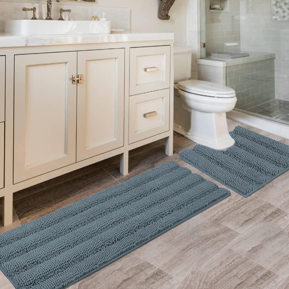 H.VERSAILTEX Bathroom Rugs Bath Rug Set 2 Piece Bathroom Contour Rug Toilet Mat Sets Non Slip Contour Bath Rug Ultra Thick Water Absorbent Striped Bath Mats Washable(47" x 17" Plus 20" x 20" U, Cream)