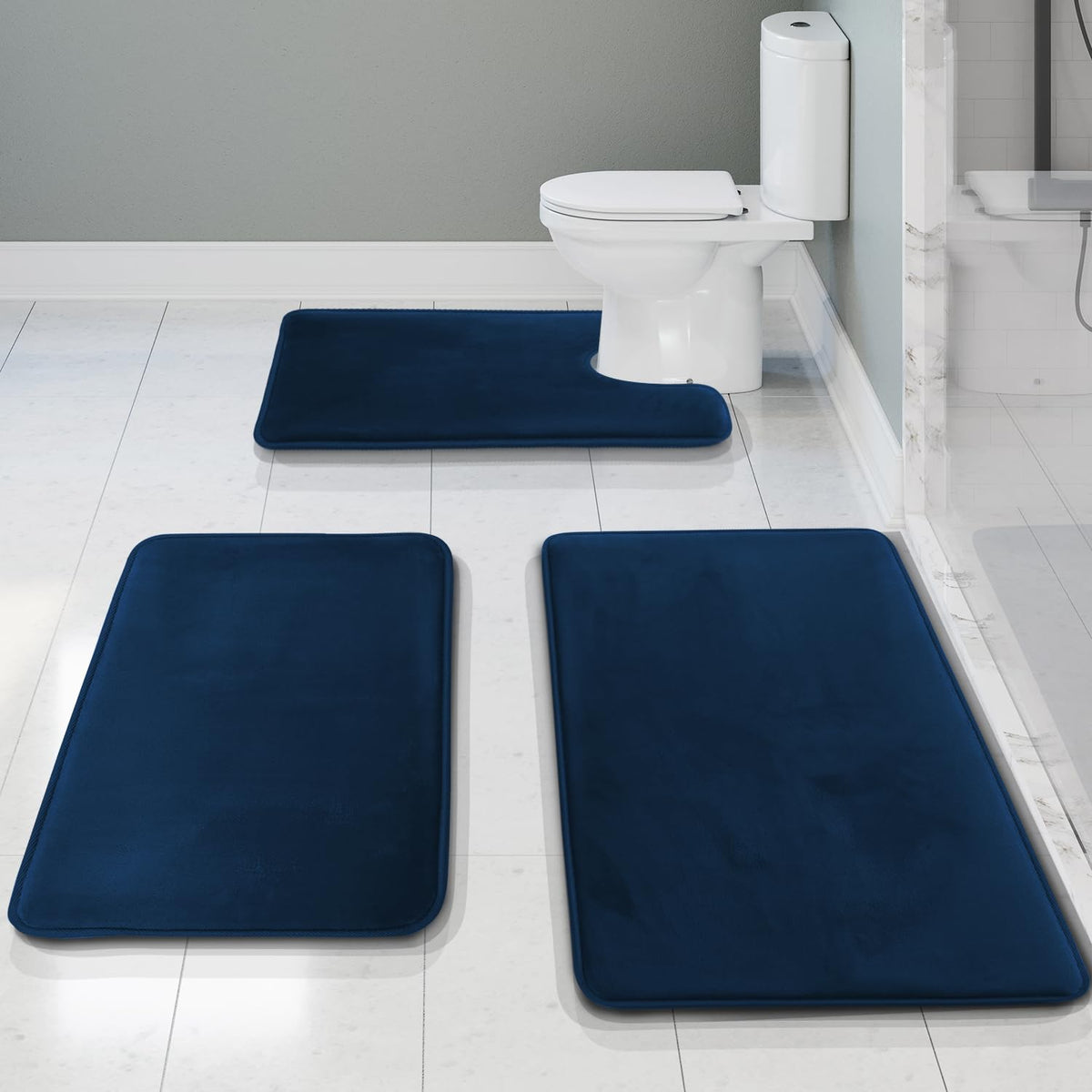 Clara Clark 3 Piece Bathroom Rugs Bath Mat Set, Velvet Memory Foam Bath Mats for Bathroom - Non-Slip, PVC Backing Bath Rugs, Washable - Dries Quickly, Grey