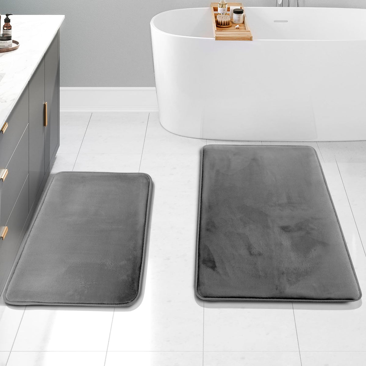Clara Clark 3 Piece Bathroom Rugs Bath Mat Set, Velvet Memory Foam Bath Mats for Bathroom - Non-Slip, PVC Backing Bath Rugs, Washable - Dries Quickly, Grey
