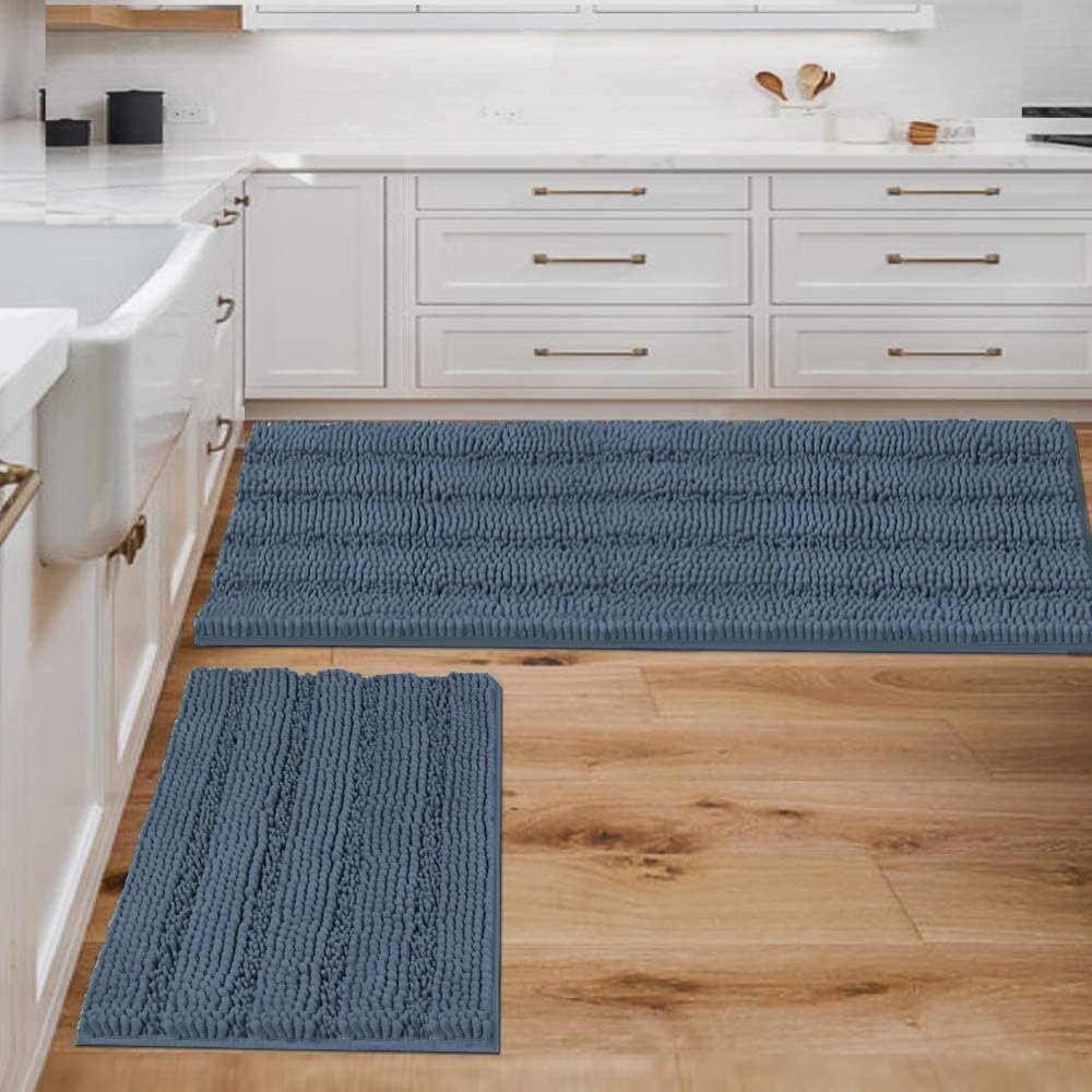 H.VERSAILTEX Bathroom Rugs Bath Rug Set 2 Piece Bathroom Contour Rug Toilet Mat Sets Non Slip Contour Bath Rug Ultra Thick Water Absorbent Striped Bath Mats Washable(47" x 17" Plus 20" x 20" U, Cream)