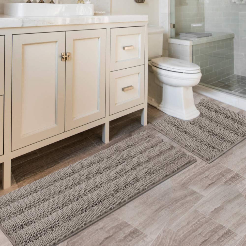 H.VERSAILTEX Bathroom Rugs Bath Rug Set 2 Piece Bathroom Contour Rug Toilet Mat Sets Non Slip Contour Bath Rug Ultra Thick Water Absorbent Striped Bath Mats Washable(47" x 17" Plus 20" x 20" U, Cream)