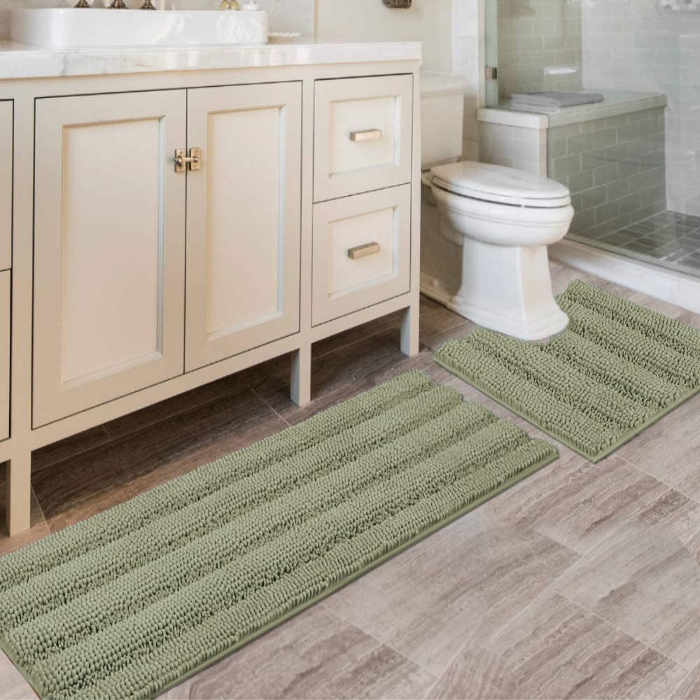 H.VERSAILTEX Bathroom Rugs Bath Rug Set 2 Piece Bathroom Contour Rug Toilet Mat Sets Non Slip Contour Bath Rug Ultra Thick Water Absorbent Striped Bath Mats Washable(47" x 17" Plus 20" x 20" U, Cream)