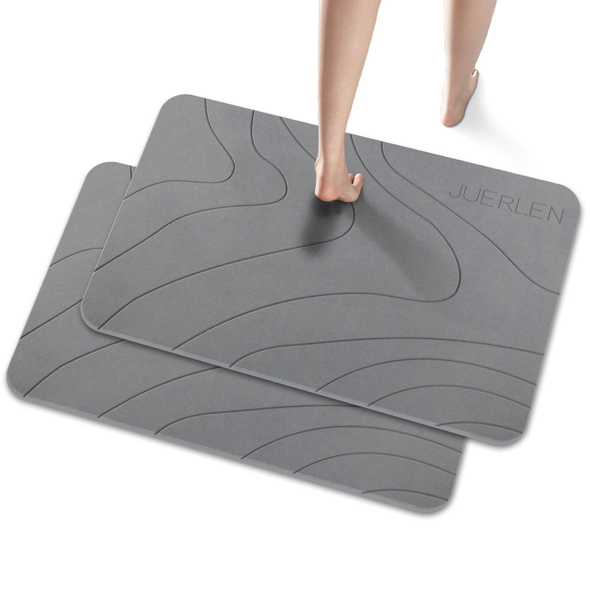 JUERLEN 2 Pack Diatomaceous Earth Shower Mat, Stone Bath Mat, Nonslip Super Absorbent Fast-Drying Hard Bath Mat for Bathroom Shower Floor, 24 x 16 inch, Grey Wave Design