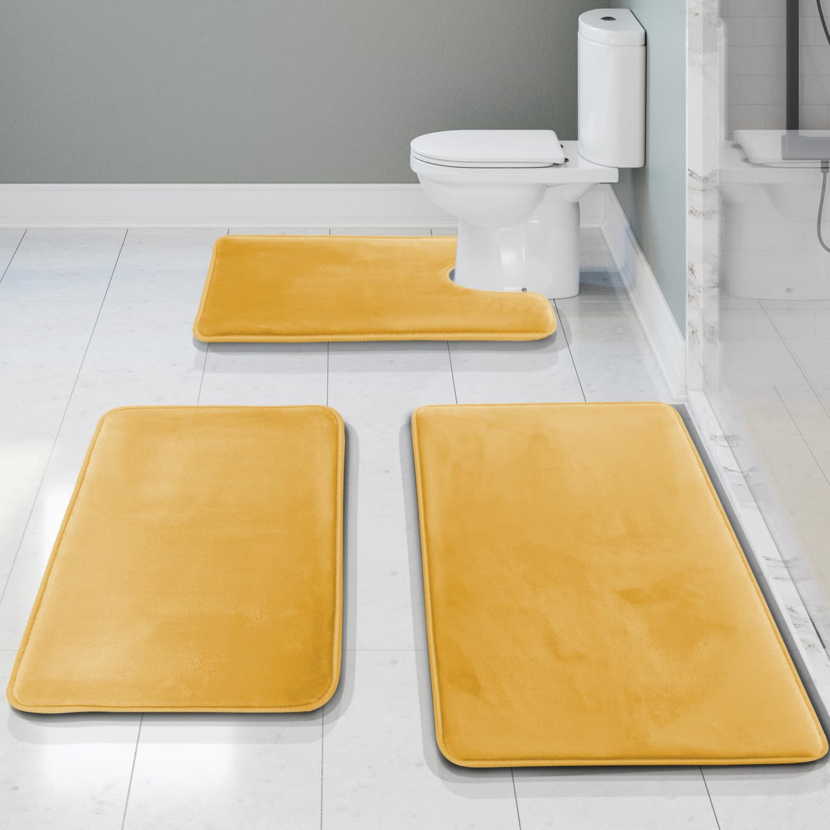 Clara Clark 3 Piece Bathroom Rugs Bath Mat Set, Velvet Memory Foam Bath Mats for Bathroom - Non-Slip, PVC Backing Bath Rugs, Washable - Dries Quickly, Grey