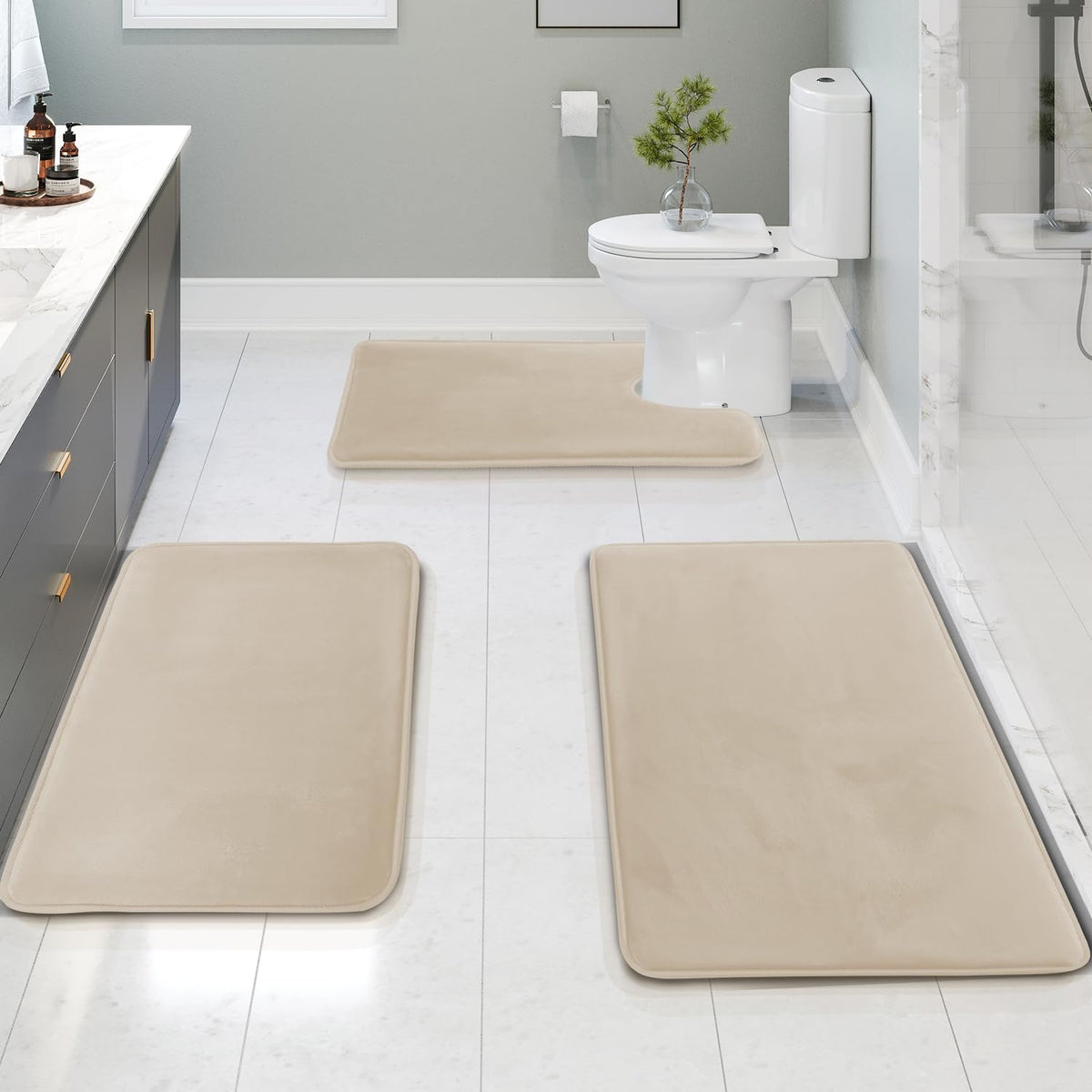 Clara Clark 3 Piece Bathroom Rugs Bath Mat Set, Velvet Memory Foam Bath Mats for Bathroom - Non-Slip, PVC Backing Bath Rugs, Washable - Dries Quickly, Grey