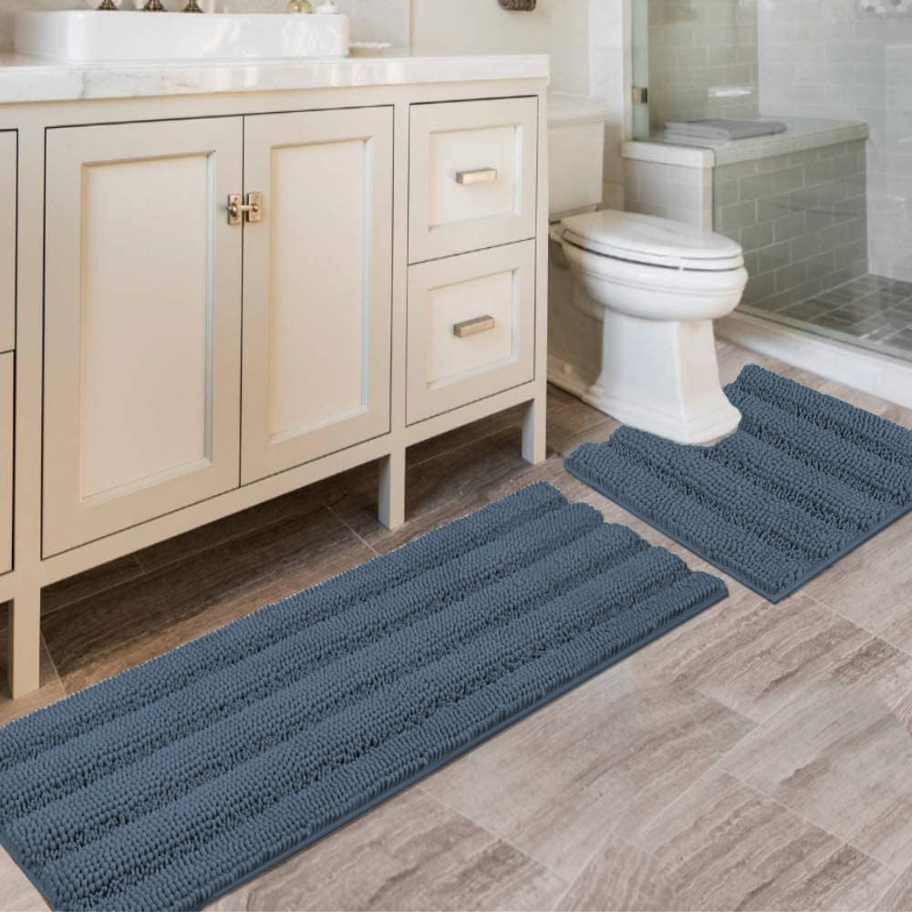 H.VERSAILTEX Bathroom Rugs Bath Rug Set 2 Piece Bathroom Contour Rug Toilet Mat Sets Non Slip Contour Bath Rug Ultra Thick Water Absorbent Striped Bath Mats Washable(47" x 17" Plus 20" x 20" U, Cream)