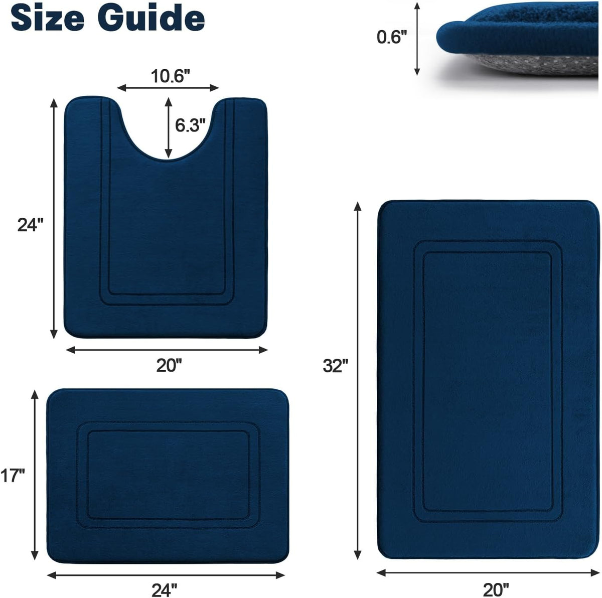 YIHOUSE Memory Foam Bath Mat Set, Non Slip Bath Mats, Super Soft and Water Absorbent, Machine Washable U Shape Toilet Mats, Dark Blue