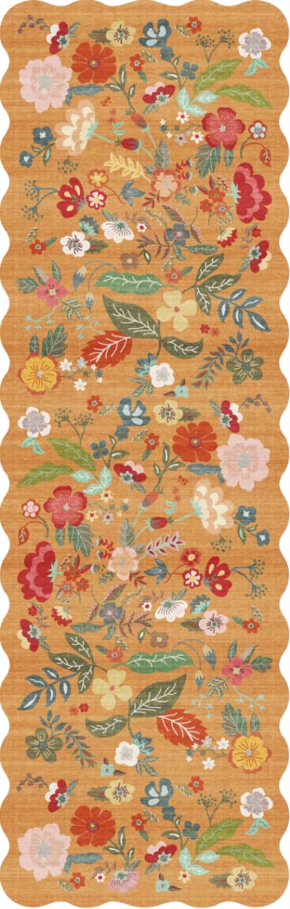 2x4 Rug Washable for Entryway - Non-Slip Scalloped Floral Throw Rug Black