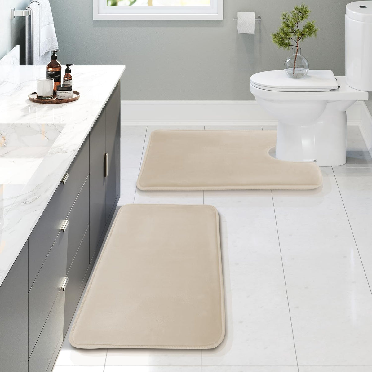 Clara Clark 3 Piece Bathroom Rugs Bath Mat Set, Velvet Memory Foam Bath Mats for Bathroom - Non-Slip, PVC Backing Bath Rugs, Washable - Dries Quickly, Grey