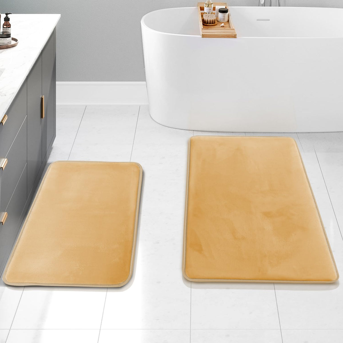 Clara Clark 3 Piece Bathroom Rugs Bath Mat Set, Velvet Memory Foam Bath Mats for Bathroom - Non-Slip, PVC Backing Bath Rugs, Washable - Dries Quickly, Grey