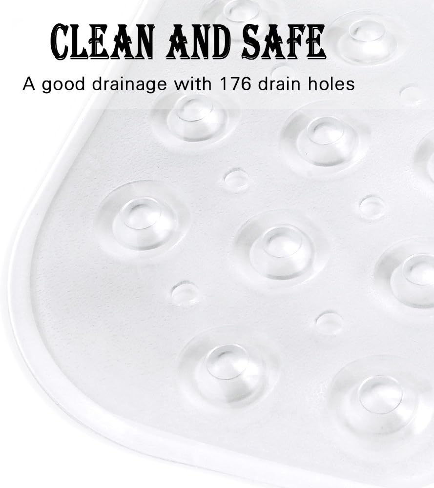 YINENN Bath and Shower Safety Mats 40x16 inch, Non Slip with Suction Cups for Bathroom Stall and Tub Floor, Extra Large and Machine Washable, Drain Holes Keep Bathtub Clean, Clear