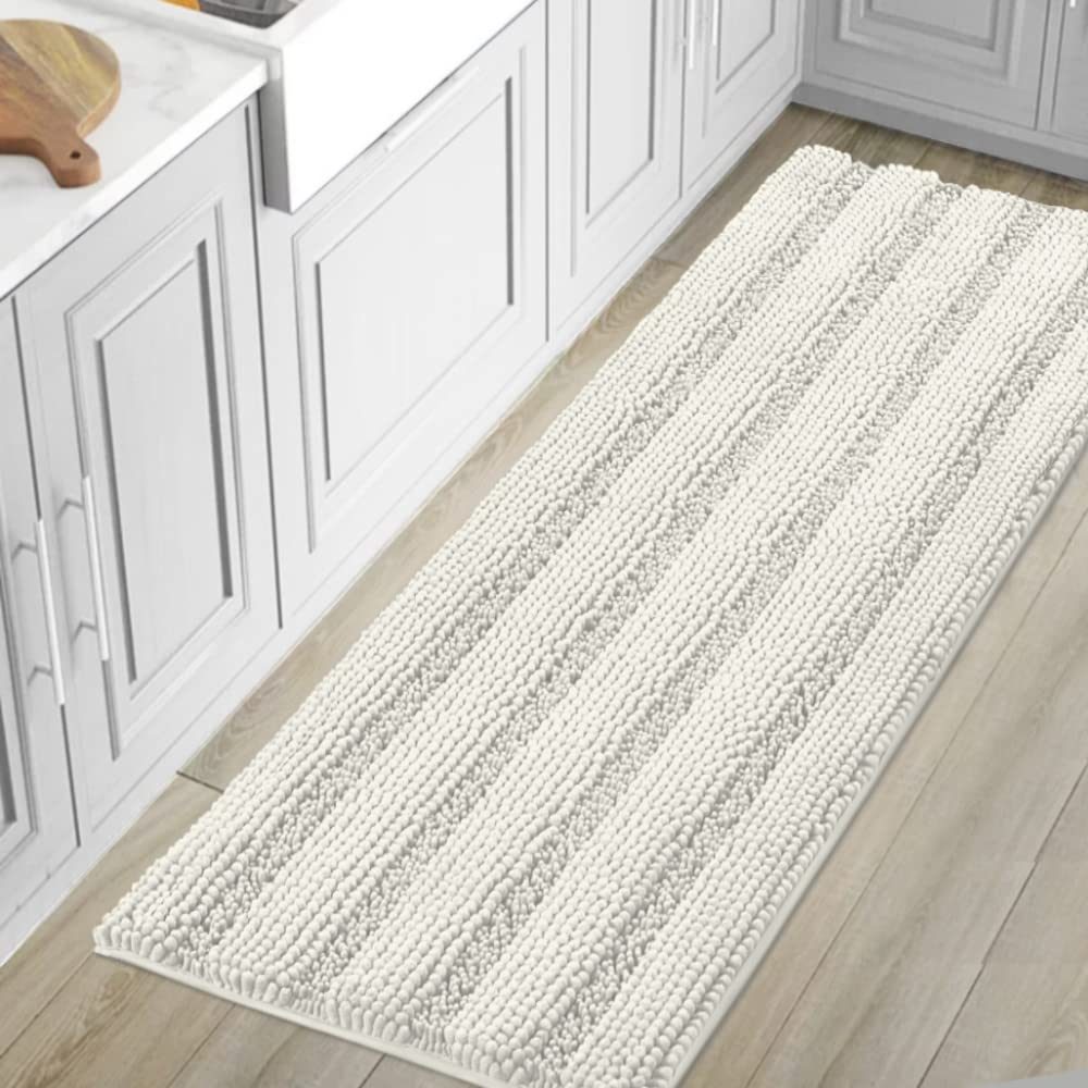 H.VERSAILTEX Bathroom Rugs Bath Rug Set 2 Piece Bathroom Contour Rug Toilet Mat Sets Non Slip Contour Bath Rug Ultra Thick Water Absorbent Striped Bath Mats Washable(47" x 17" Plus 20" x 20" U, Cream)