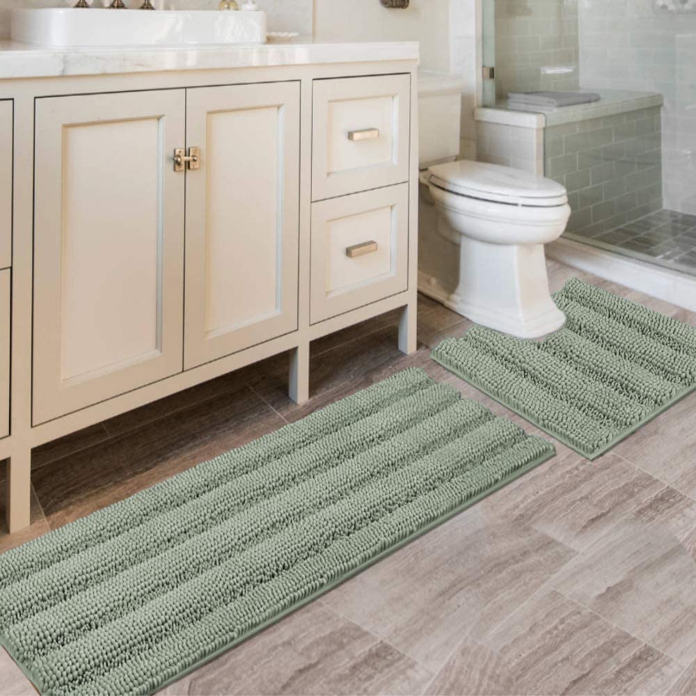 H.VERSAILTEX Bathroom Rugs Bath Rug Set 2 Piece Bathroom Contour Rug Toilet Mat Sets Non Slip Contour Bath Rug Ultra Thick Water Absorbent Striped Bath Mats Washable(47" x 17" Plus 20" x 20" U, Cream)