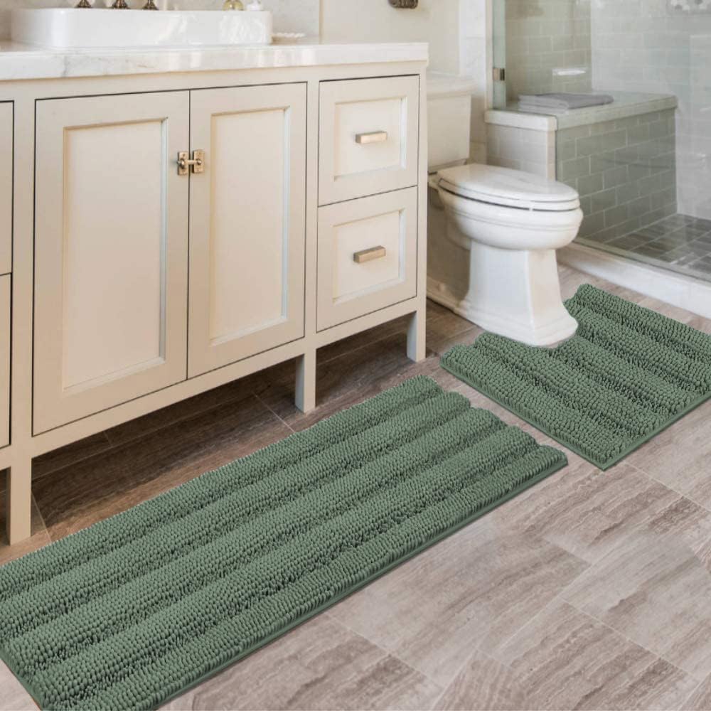 H.VERSAILTEX Bathroom Rugs Bath Rug Set 2 Piece Bathroom Contour Rug Toilet Mat Sets Non Slip Contour Bath Rug Ultra Thick Water Absorbent Striped Bath Mats Washable(47" x 17" Plus 20" x 20" U, Cream)