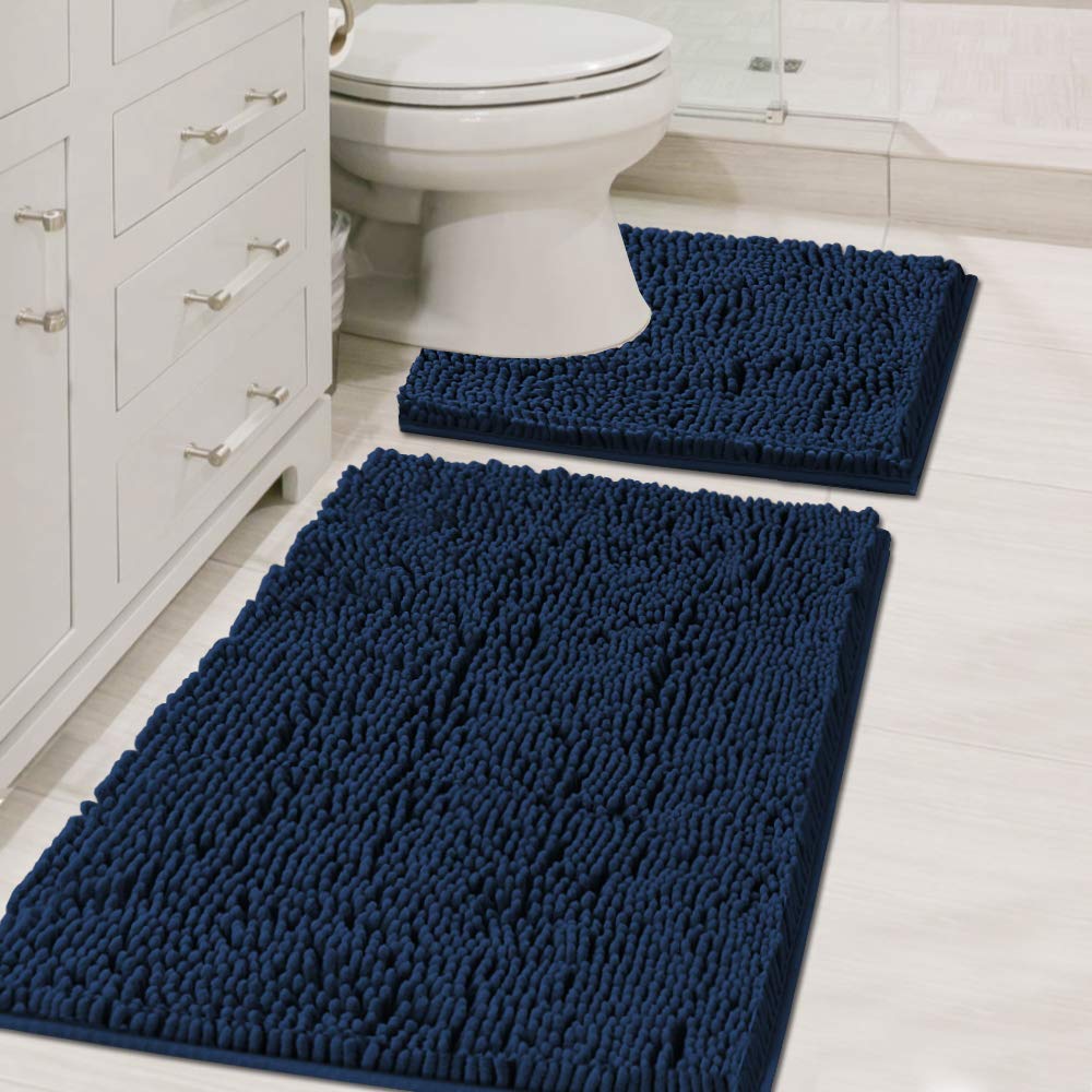 H.VERSAILTEX Bathroom Rugs Luxury Chenille Mat Set, Soft Plush Shower Rug + Toilet Mat, Microfiber Shaggy Carpet, Super Absorbent, Machine Washable (Curved Set, 32" x 20"/20" x 20", Loden)