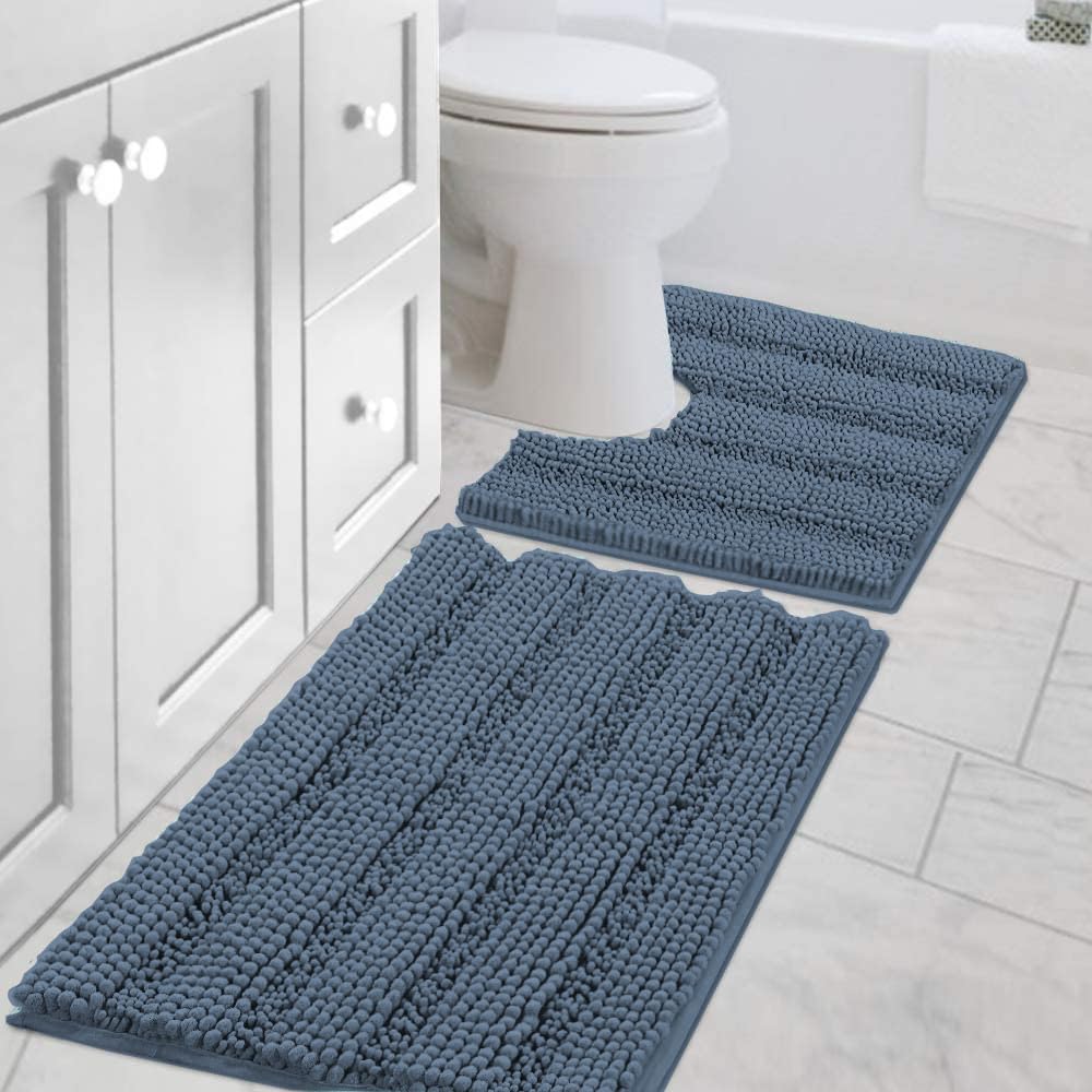 H.VERSAILTEX Bathroom Rugs Bath Rug Set 2 Piece Bathroom Contour Rug Toilet Mat Sets Non Slip Contour Bath Rug Ultra Thick Water Absorbent Striped Bath Mats Washable(47" x 17" Plus 20" x 20" U, Cream)