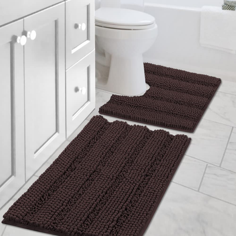 H.VERSAILTEX Bathroom Rugs Bath Rug Set 2 Piece Bathroom Contour Rug Toilet Mat Sets Non Slip Contour Bath Rug Ultra Thick Water Absorbent Striped Bath Mats Washable(47" x 17" Plus 20" x 20" U, Cream)