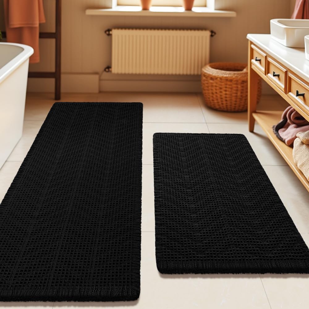 Upgrade Waffle Bath Mat Set 2 Piece, Boho Bathroom Rugs Absorbent Non Slip, Ultra Soft Bathroom Mat, Machine Washable Knit Bath Rugs with Herringbones for Bathroom, Bedroom, Kitchen, Shower, White