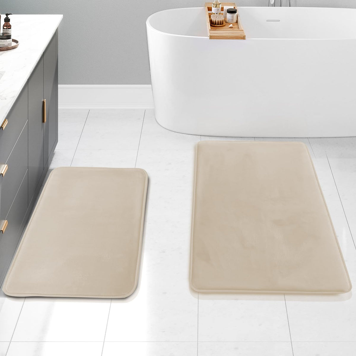 Clara Clark 3 Piece Bathroom Rugs Bath Mat Set, Velvet Memory Foam Bath Mats for Bathroom - Non-Slip, PVC Backing Bath Rugs, Washable - Dries Quickly, Grey