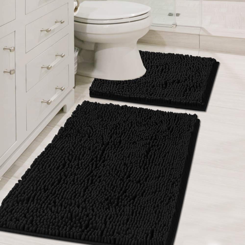 H.VERSAILTEX Bathroom Rugs Luxury Chenille Mat Set, Soft Plush Shower Rug + Toilet Mat, Microfiber Shaggy Carpet, Super Absorbent, Machine Washable (Curved Set, 32" x 20"/20" x 20", Loden)