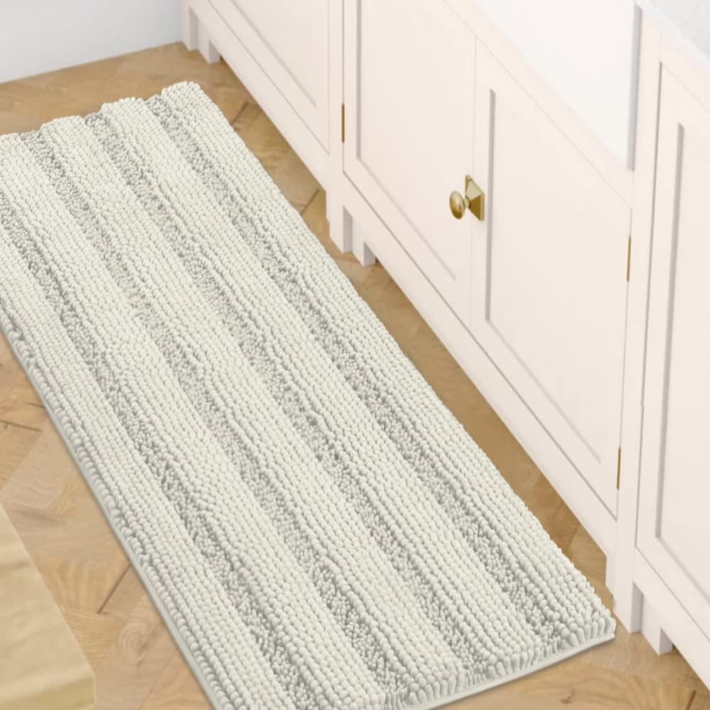H.VERSAILTEX Bathroom Rugs Bath Rug Set 2 Piece Bathroom Contour Rug Toilet Mat Sets Non Slip Contour Bath Rug Ultra Thick Water Absorbent Striped Bath Mats Washable(47" x 17" Plus 20" x 20" U, Cream)