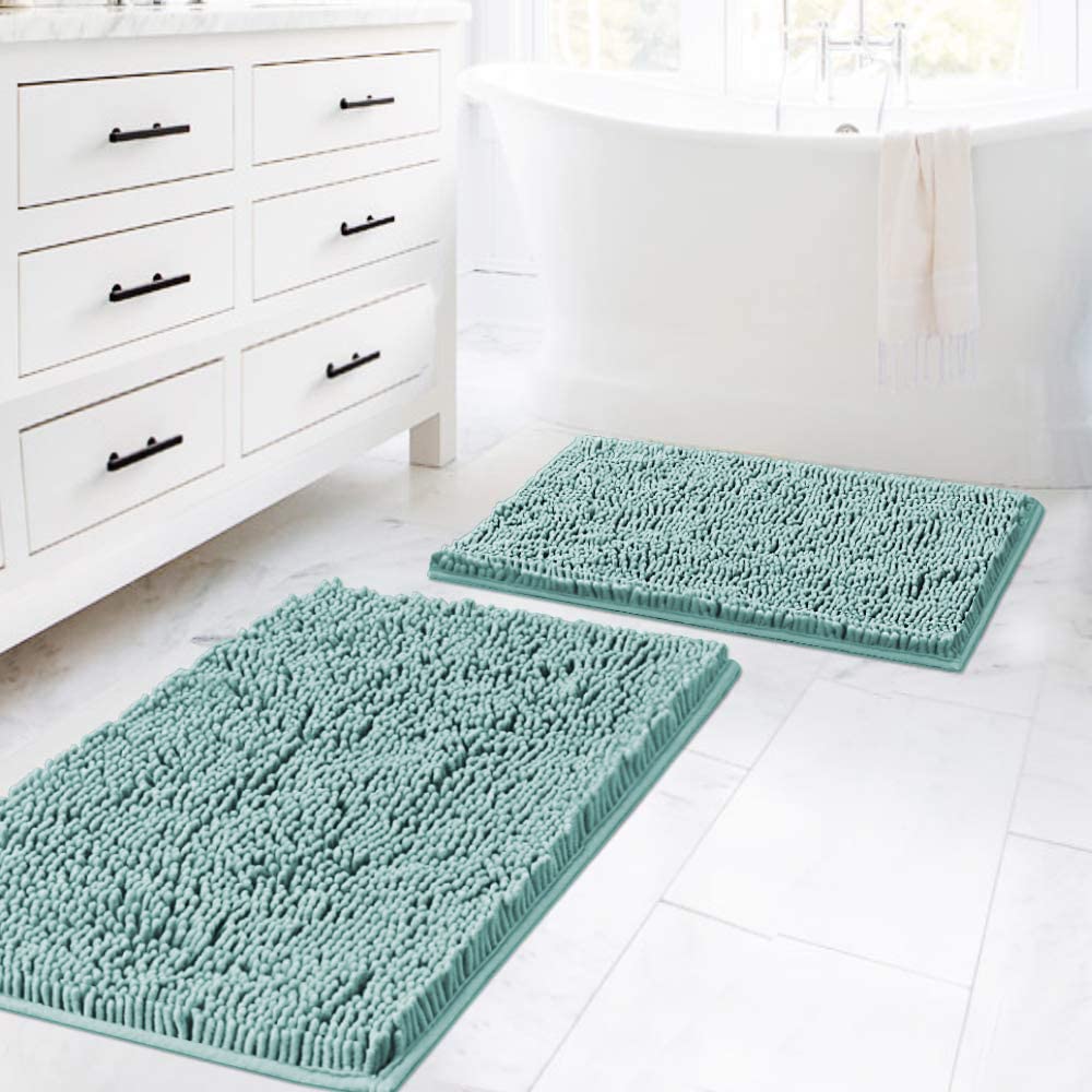 H.VERSAILTEX Bathroom Rugs Luxury Chenille Mat Set, Soft Plush Shower Rug + Toilet Mat, Microfiber Shaggy Carpet, Super Absorbent, Machine Washable (Curved Set, 32" x 20"/20" x 20", Loden)