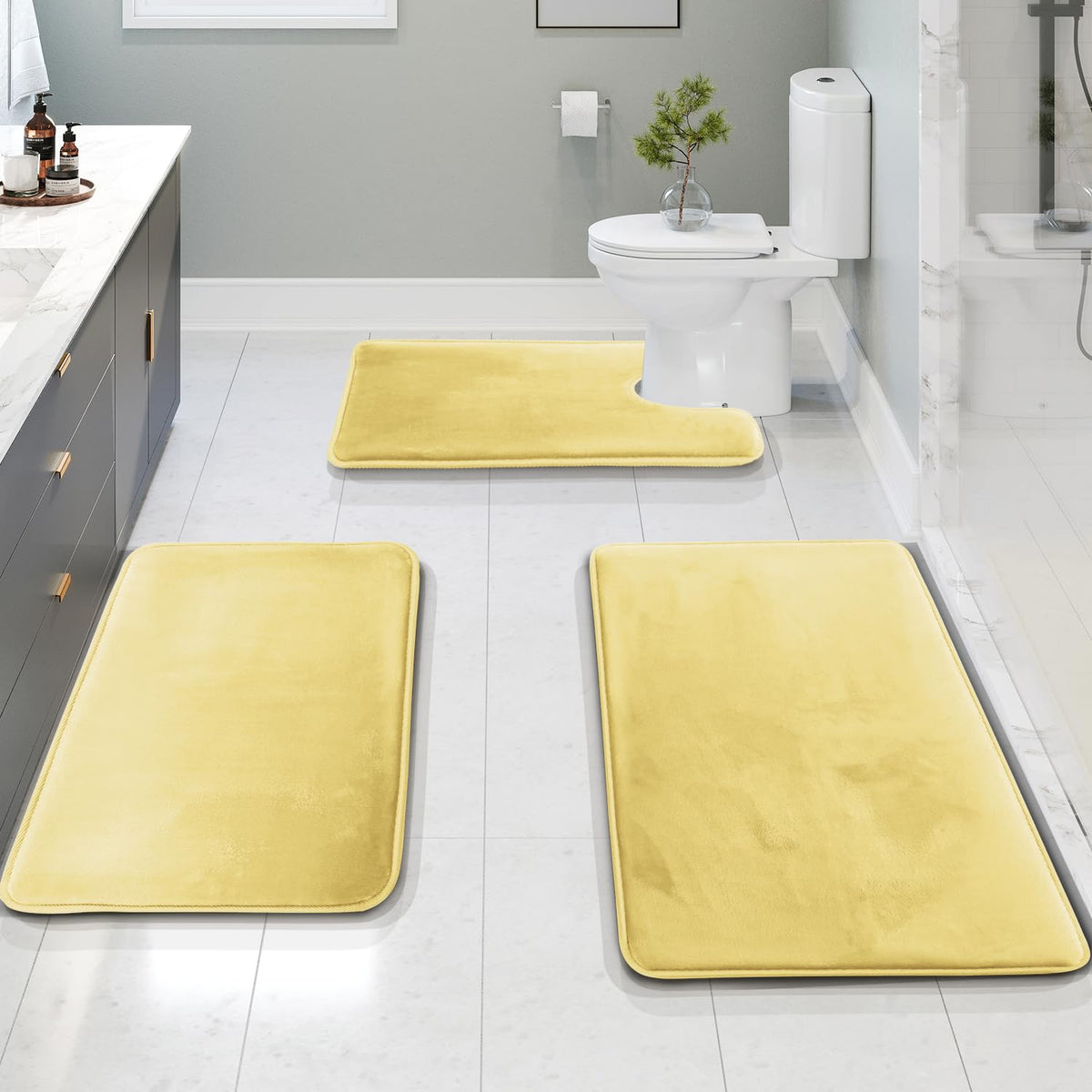 Clara Clark 3 Piece Bathroom Rugs Bath Mat Set, Velvet Memory Foam Bath Mats for Bathroom - Non-Slip, PVC Backing Bath Rugs, Washable - Dries Quickly, Grey