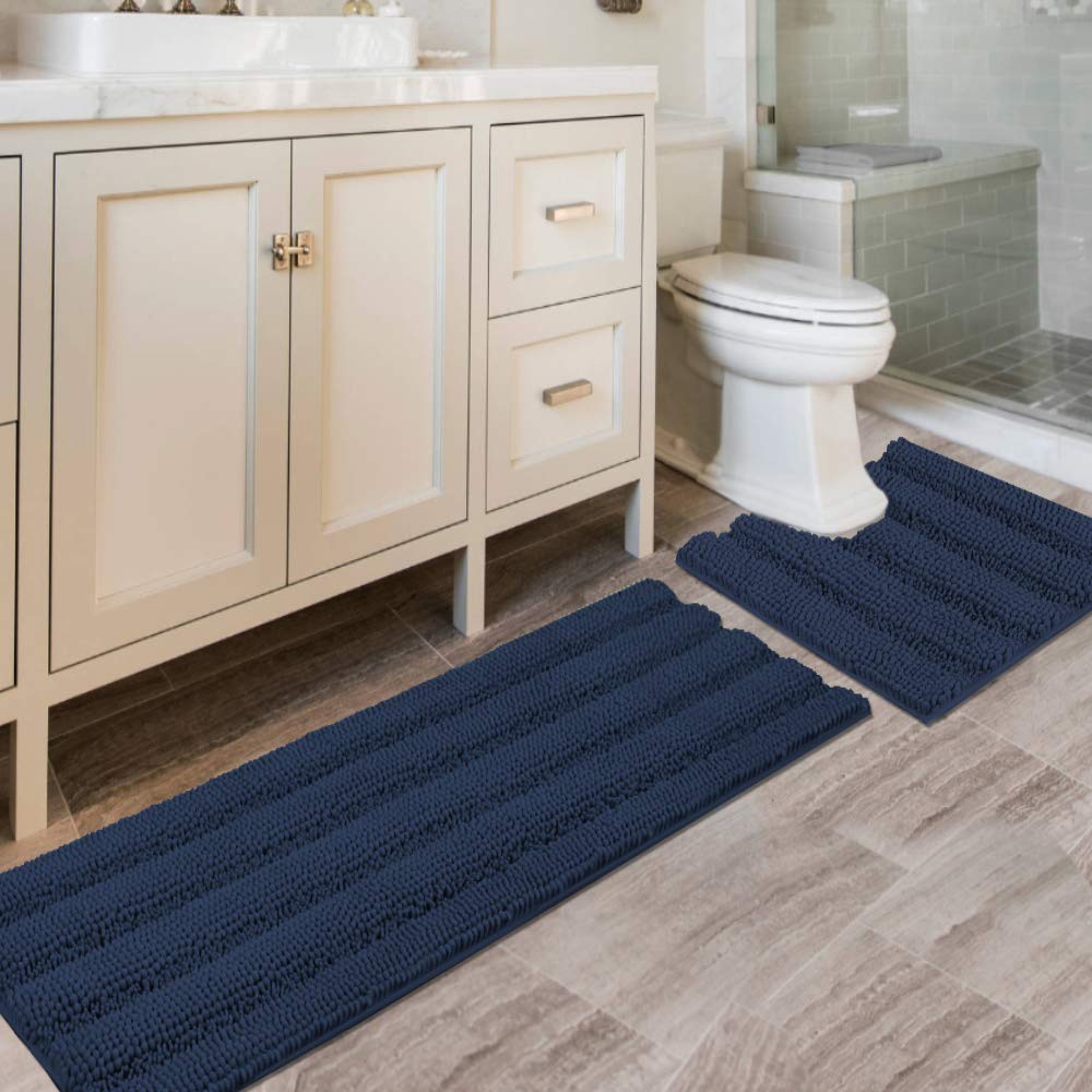 H.VERSAILTEX Bathroom Rugs Bath Rug Set 2 Piece Bathroom Contour Rug Toilet Mat Sets Non Slip Contour Bath Rug Ultra Thick Water Absorbent Striped Bath Mats Washable(47" x 17" Plus 20" x 20" U, Cream)