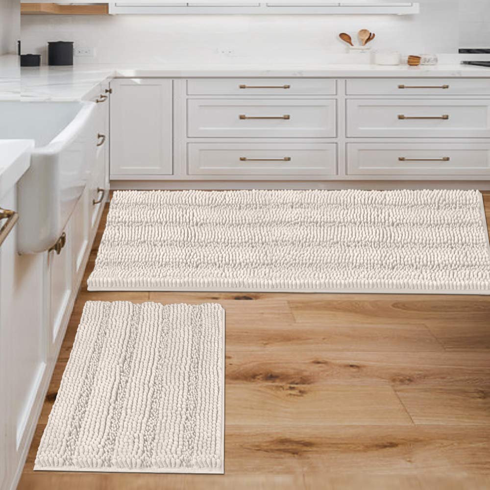 H.VERSAILTEX Bathroom Rugs Bath Rug Set 2 Piece Bathroom Contour Rug Toilet Mat Sets Non Slip Contour Bath Rug Ultra Thick Water Absorbent Striped Bath Mats Washable(47" x 17" Plus 20" x 20" U, Cream)