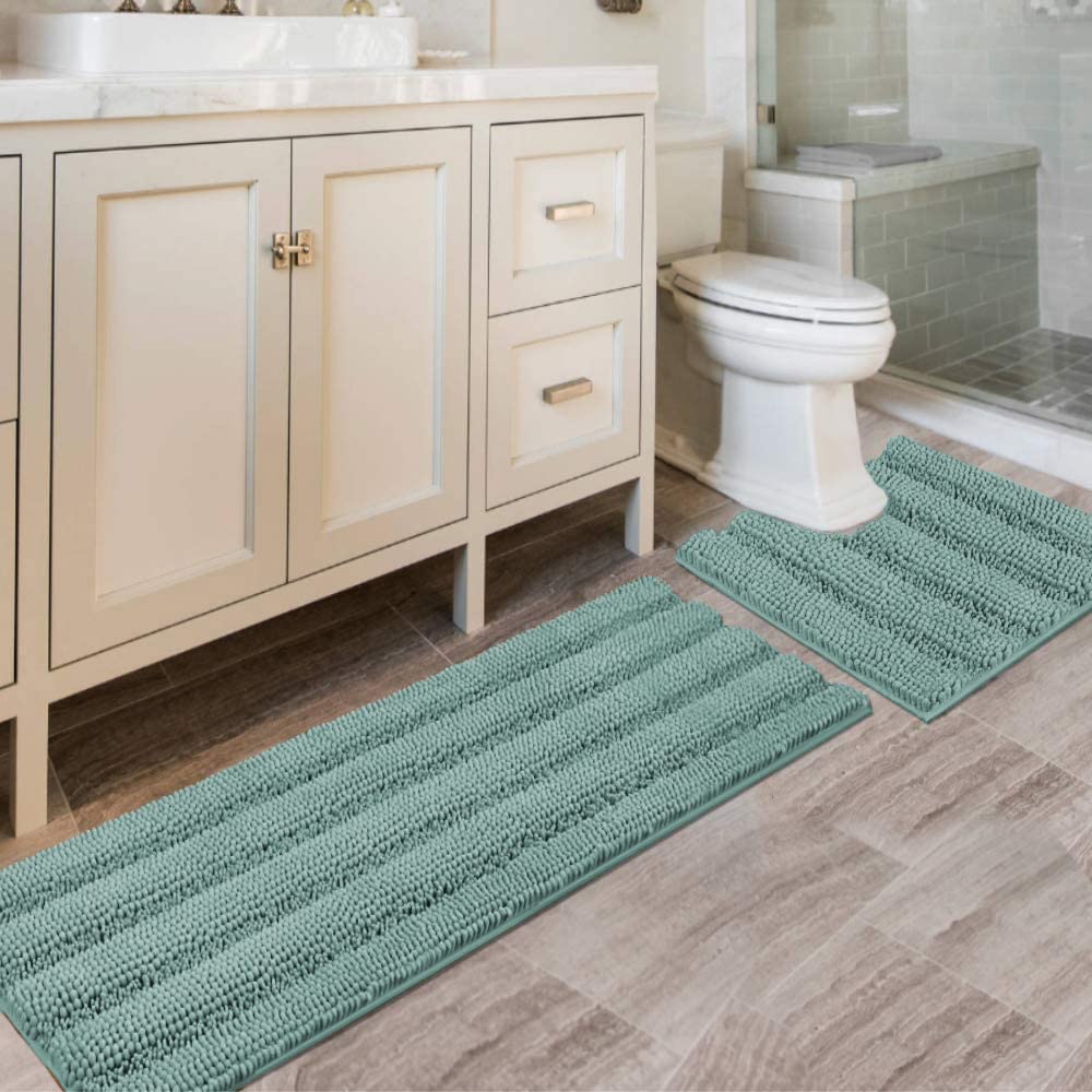 H.VERSAILTEX Bathroom Rugs Bath Rug Set 2 Piece Bathroom Contour Rug Toilet Mat Sets Non Slip Contour Bath Rug Ultra Thick Water Absorbent Striped Bath Mats Washable(47" x 17" Plus 20" x 20" U, Cream)