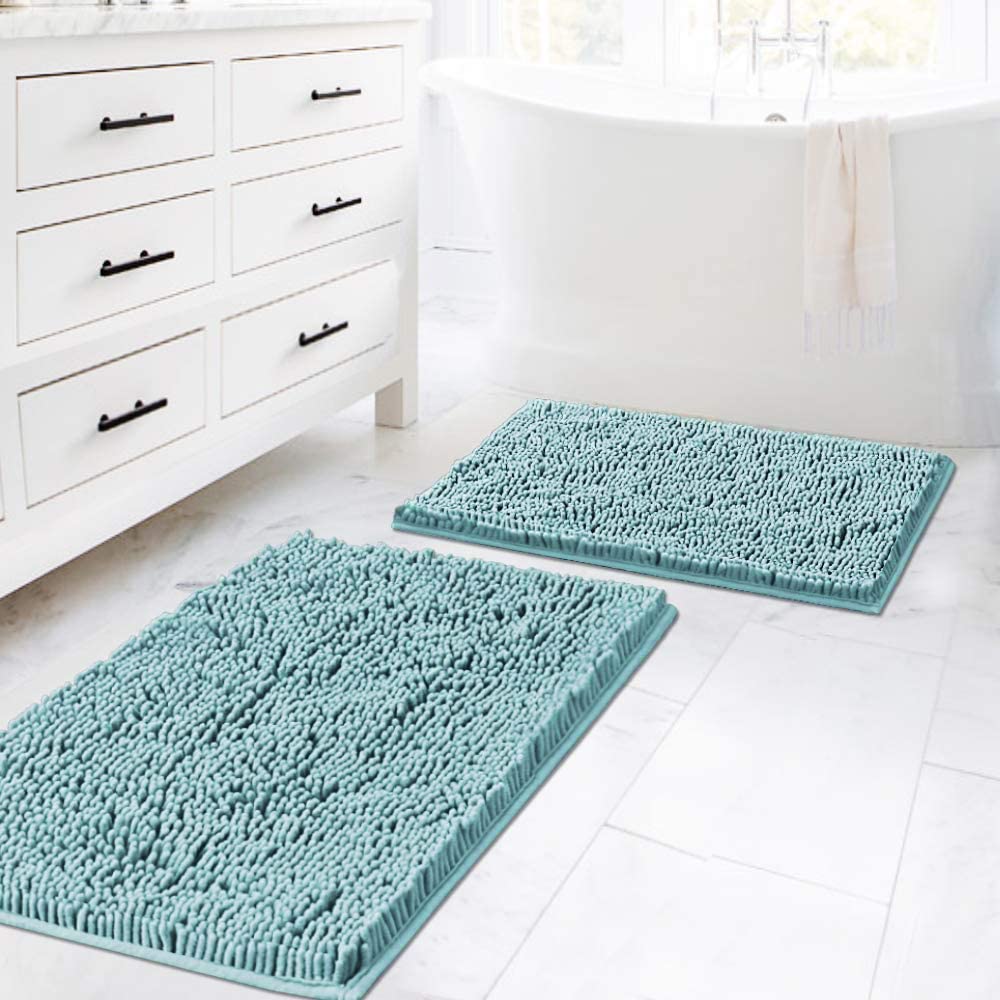 H.VERSAILTEX Bathroom Rugs Luxury Chenille Mat Set, Soft Plush Shower Rug + Toilet Mat, Microfiber Shaggy Carpet, Super Absorbent, Machine Washable (Curved Set, 32" x 20"/20" x 20", Loden)