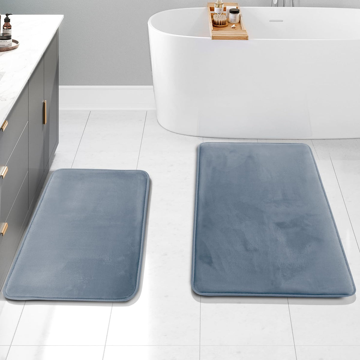 Clara Clark 3 Piece Bathroom Rugs Bath Mat Set, Velvet Memory Foam Bath Mats for Bathroom - Non-Slip, PVC Backing Bath Rugs, Washable - Dries Quickly, Grey