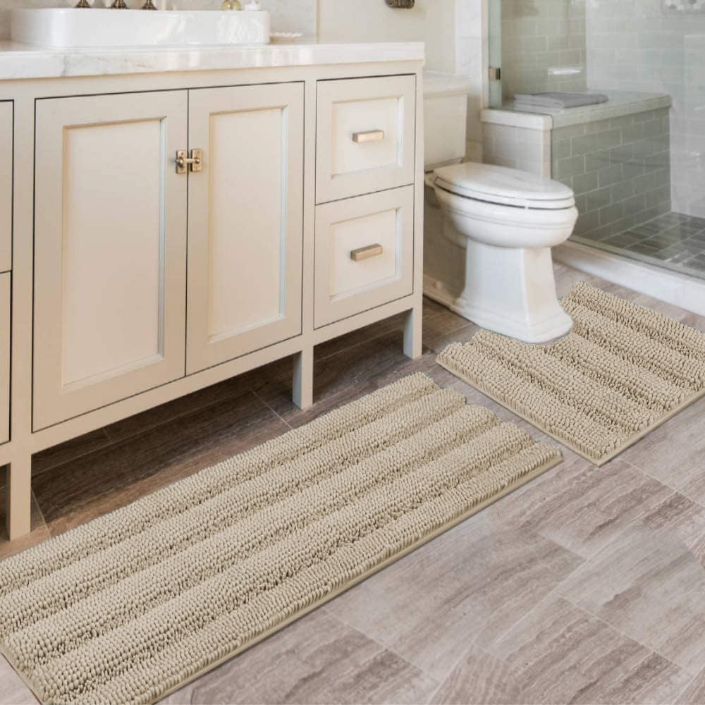 H.VERSAILTEX Bathroom Rugs Bath Rug Set 2 Piece Bathroom Contour Rug Toilet Mat Sets Non Slip Contour Bath Rug Ultra Thick Water Absorbent Striped Bath Mats Washable(47" x 17" Plus 20" x 20" U, Cream)