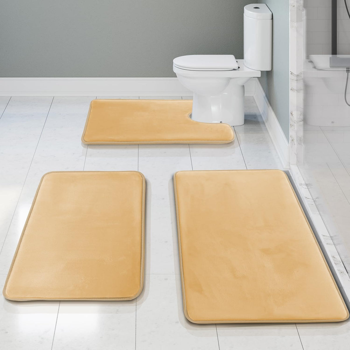 Clara Clark 3 Piece Bathroom Rugs Bath Mat Set, Velvet Memory Foam Bath Mats for Bathroom - Non-Slip, PVC Backing Bath Rugs, Washable - Dries Quickly, Grey