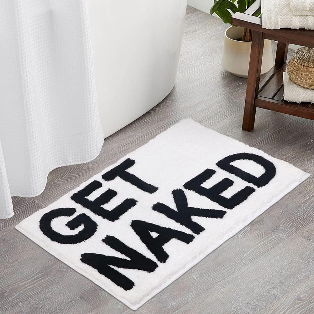 Black Get Naked Bath Mat, Long Runner Mat for Bathroom, Cute Fun Simple Bath Rug, Water Absorbent Non-Slip Microfiber Mat, 18"x47"